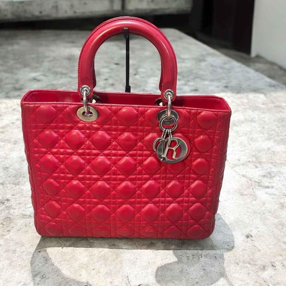 Christian Dior Large Lady Dior Lambskin Tote Red